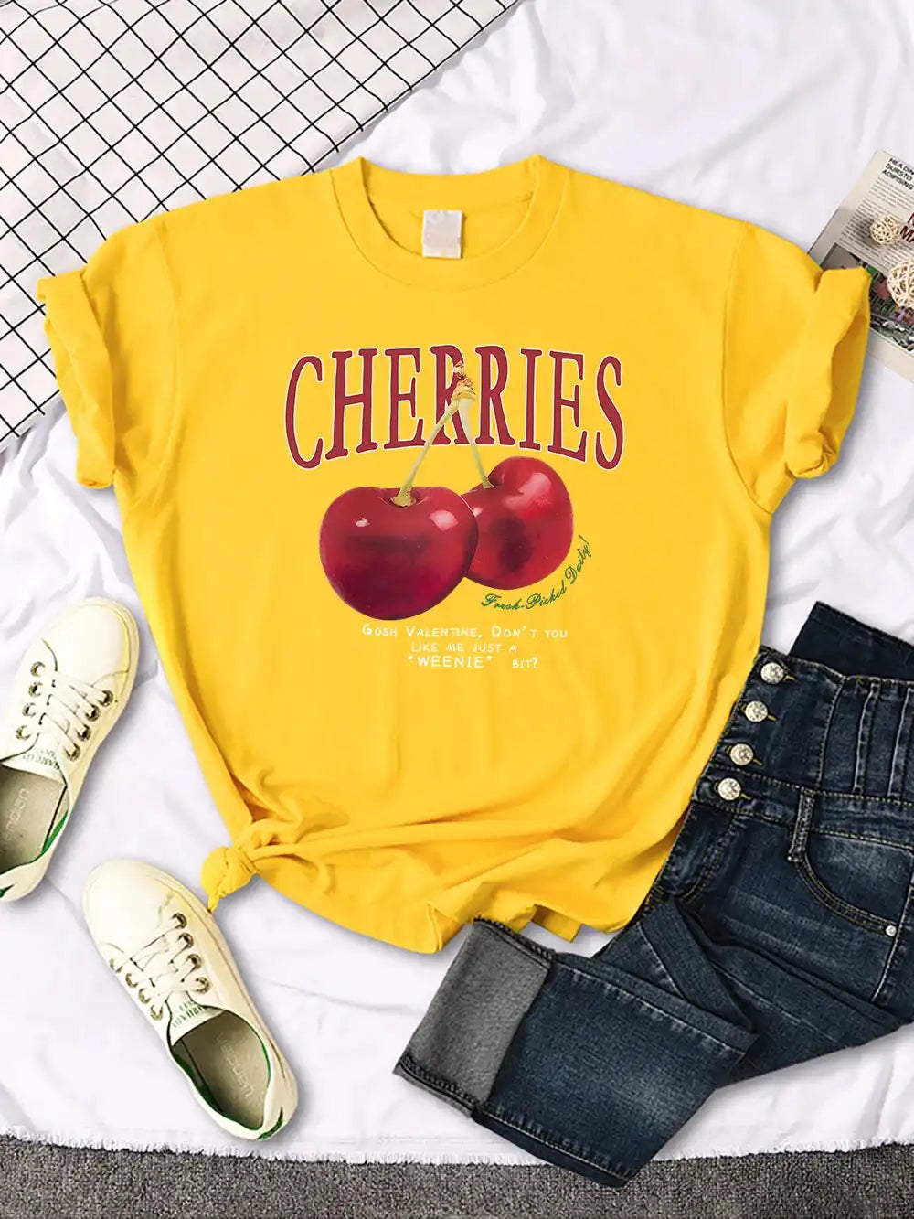 Comfortable Women's Cherry T-Shirt | Trendy Cherry and Letter Pattern Tees - Just The Fly Way