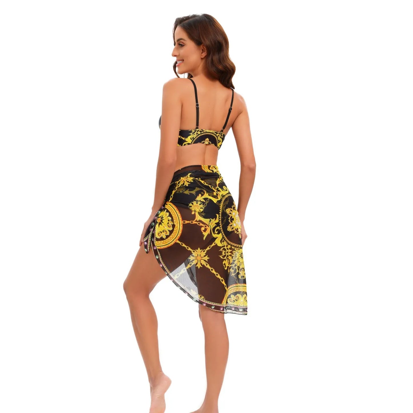Three Piece Push Up Bikini Set, Black Gold Swimsuit with Skirt Cover Up - Just The Fly Way
