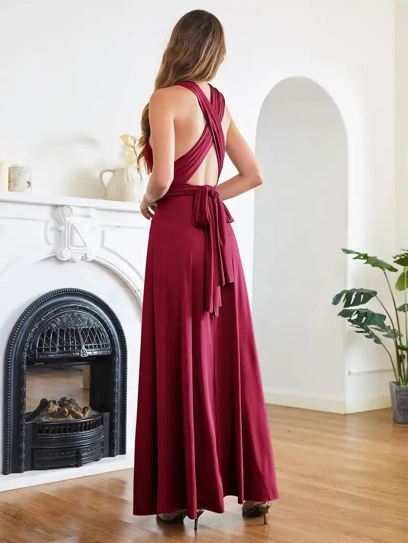 BABYONLINE Sexy Bridesmaid Dress Infinity Style Convertible Halter V neckline Gown Sleeveless Multiway Wrap Changable Guest Gown