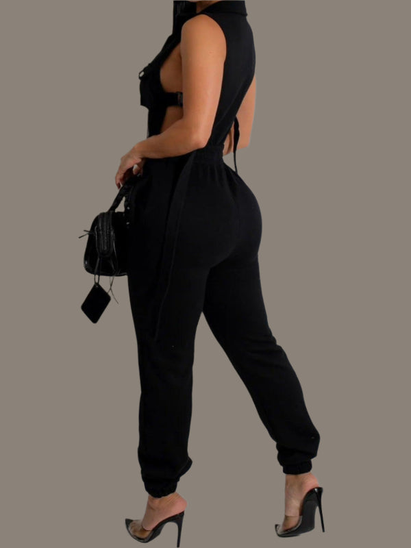 Sleek Jogger Romper With Single-breasted Front, Stylish Buckle Closure, Open Sides - Just The Fly Way