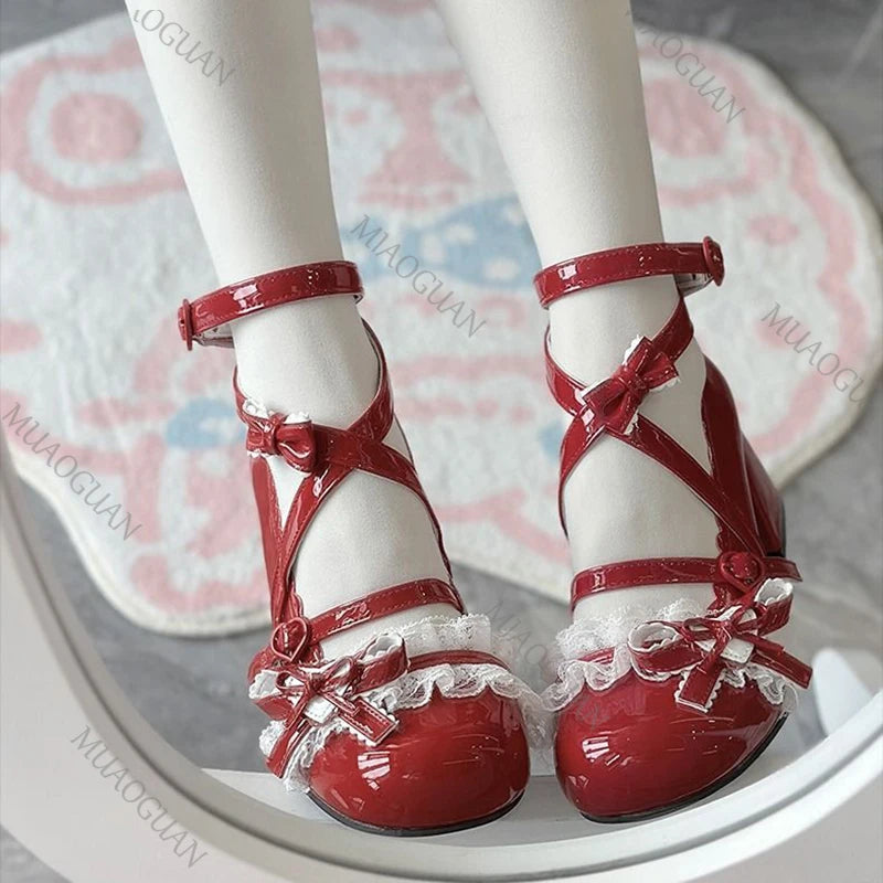 Fashionable, Bold and Beautiful DressLolita Red High Heels Cute pumps Shoes spring Autumn Lace Thick high heels Single Shoes Patent Leather Mary Jane Women's Shoes