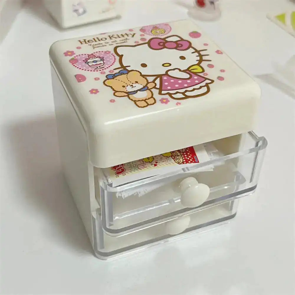 Sanrio Hello Kitty Desktop Storage Box Double Drawer Jewelry Storage Box Cartoon Kitty Cat Mini Sundries Finishing Boxes Gift