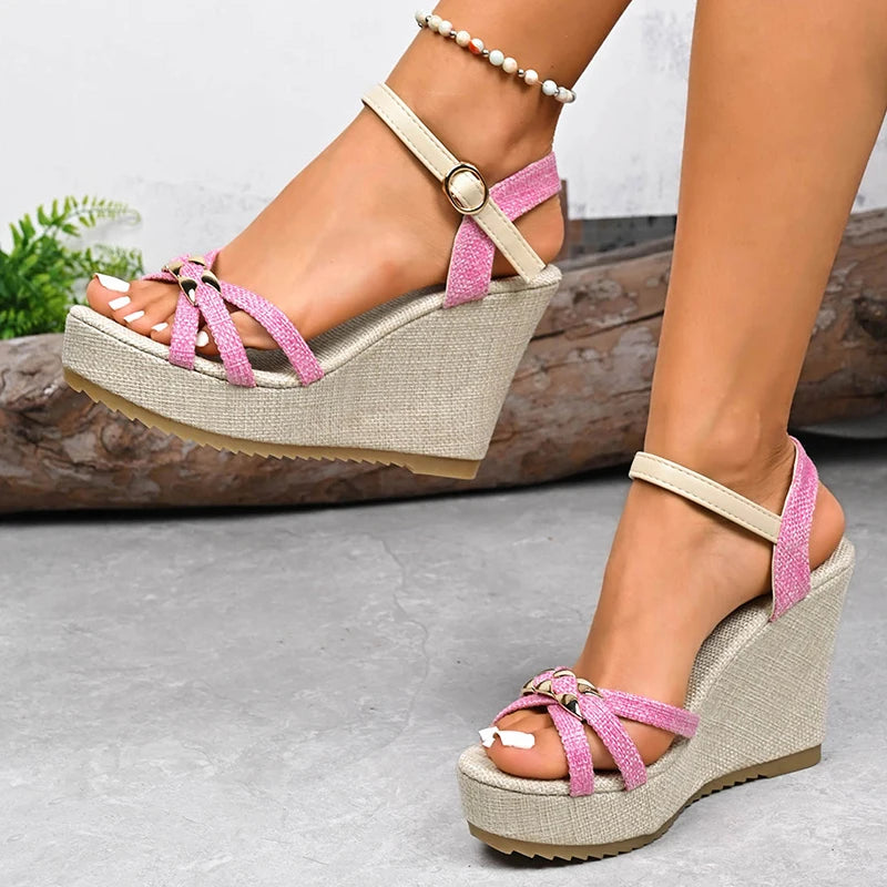 Women's Chunky Platform Wedge Sandals Non Slip Ankle Strap with Metal Cross on Band