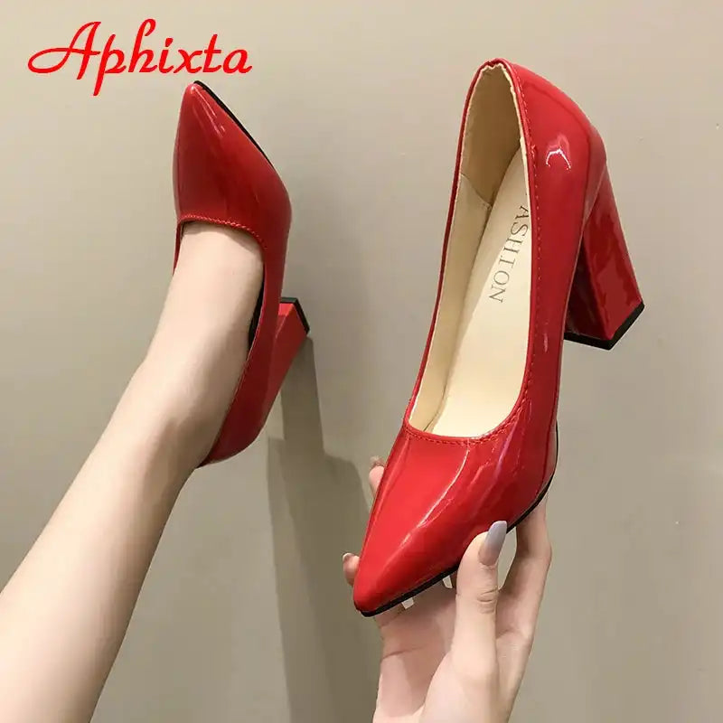 Women's Patent Leather 10cm Square Heel Shoes by Aphixta - Extended Sizes 31-50