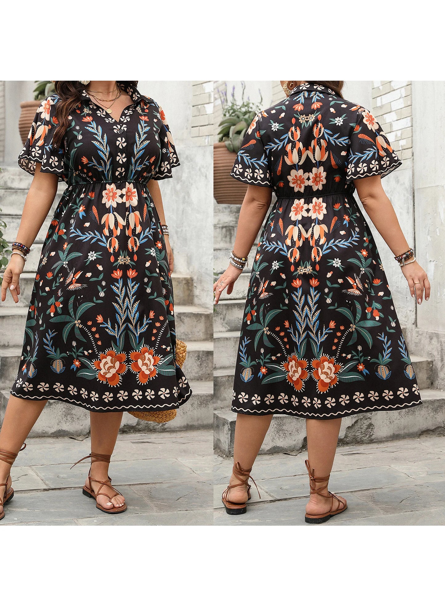 Women Plus Size V-Neck Maxi Dress Elegant Floral Print Short Sleeve Bohemian Party Dress for Summer Beach Wedding Guest - Just The Fly Way
