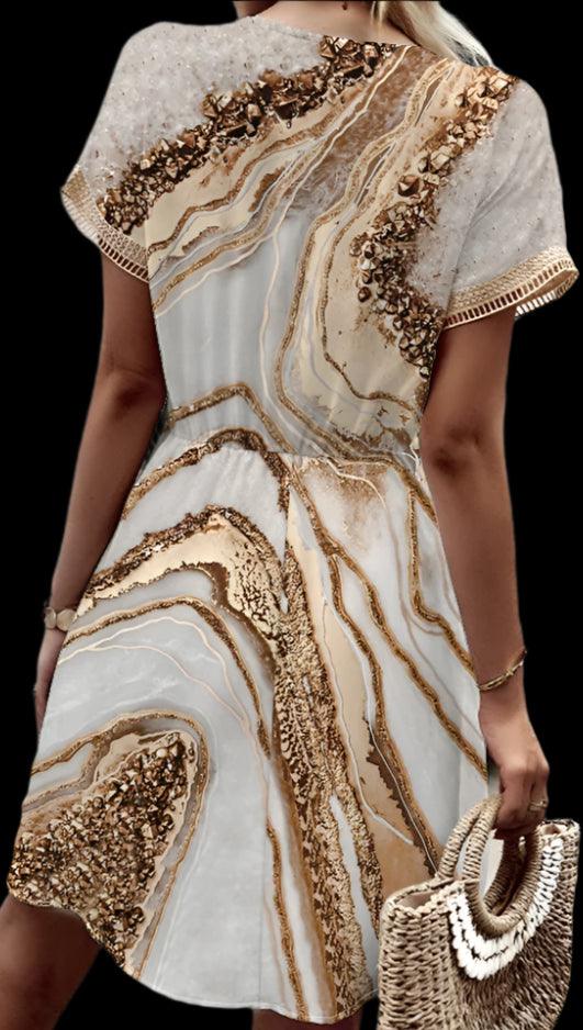 Spring/Summer Print with Bat Sleeves, Lace V-Neck, Waist Waist Large Hem, Mid Length Dress - Just The Fly Way