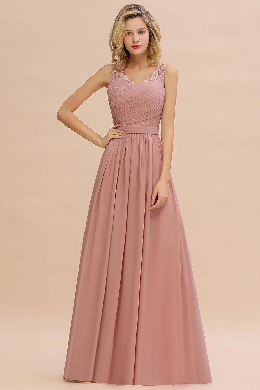 BABYONLINE Elegant Bridesmaid Dress Pleated Bodice See-through Lace Cap Sleeves Maxi Flowy A-Line Skirt Wedding Party Gown Women
