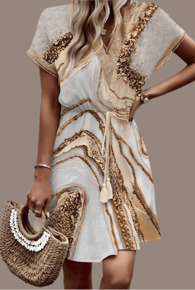 Spring/Summer Print with Bat Sleeves, Lace V-Neck, Waist Waist Large Hem, Mid Length Dress - Just The Fly Way