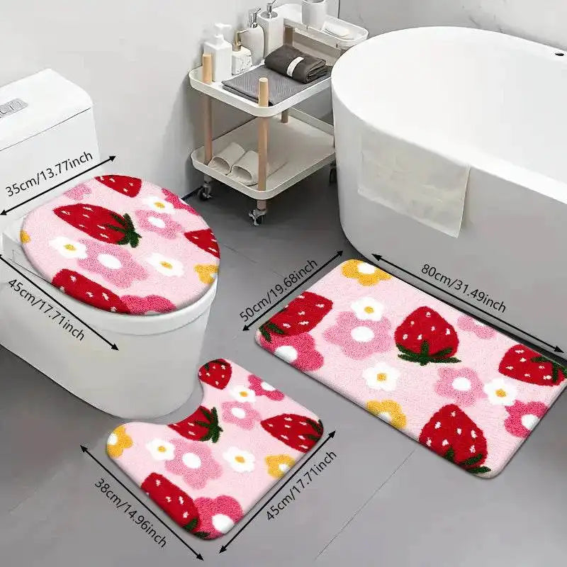 Charming Three-Piece Strawberry Bathroom Rug Set for a Delightful Decor Upgrade - Just The Fly Way