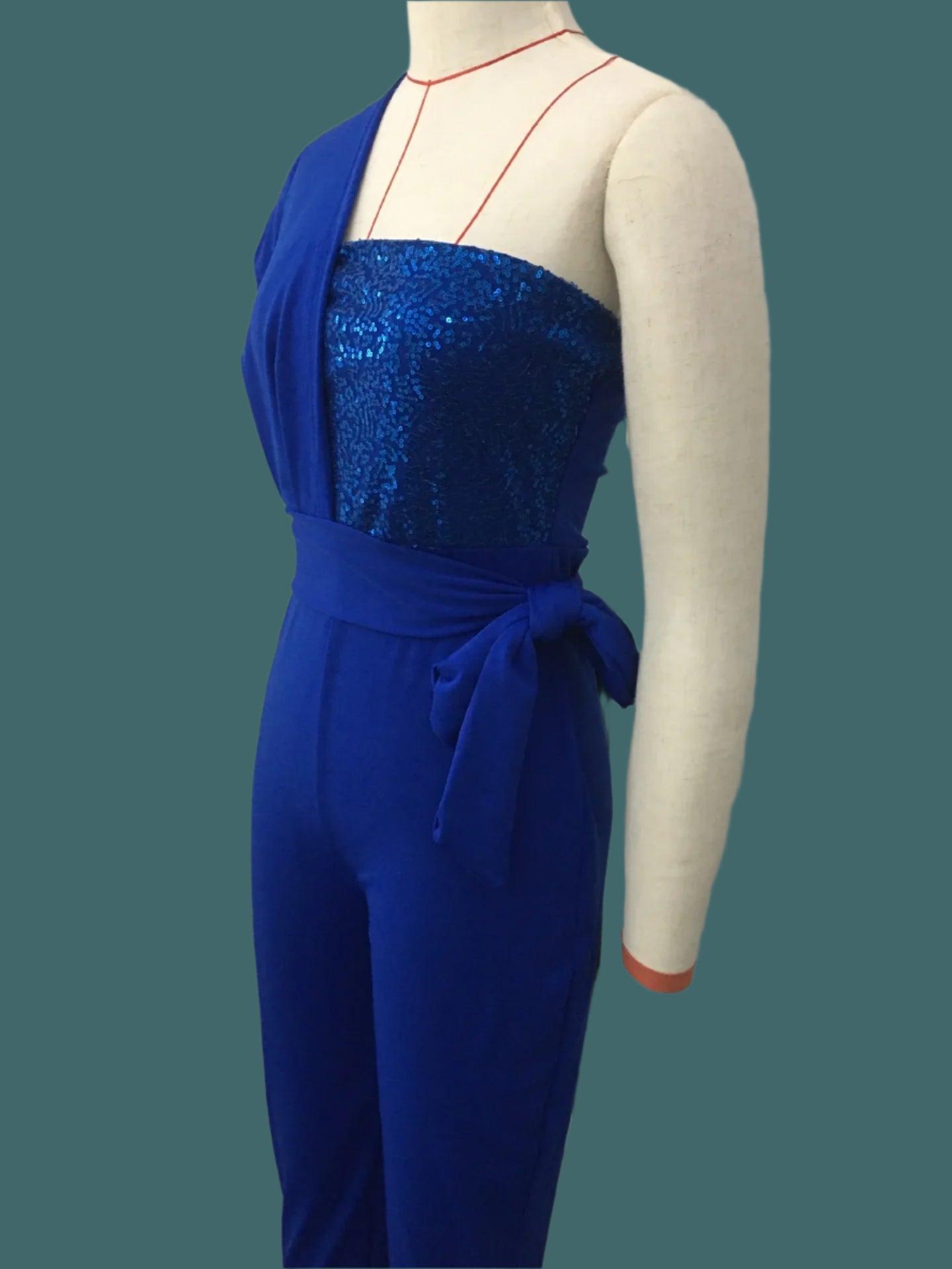 Women's Solid Color Romper, Cut-out Design, Belt Decoration, V-neck Fashion Sequin One-shoulder Bodysuit - Just The Fly Way
