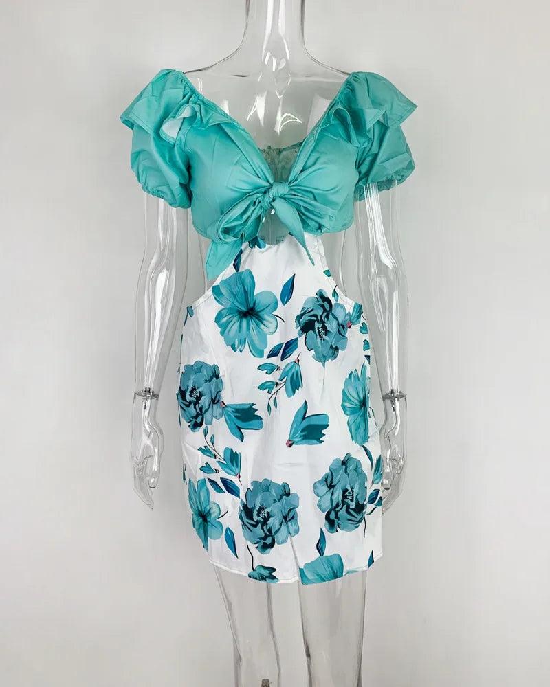 Flower Print, Shorts Romper, Off Shoulder Sleeves, Hollowed Back And Sides - Just The Fly Way