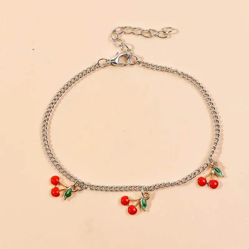 Adjustable Red Cherry Charm Anklet for Women – Silver Chain Ankle Bracelet, Jewelry Gift - Just The Fly Way