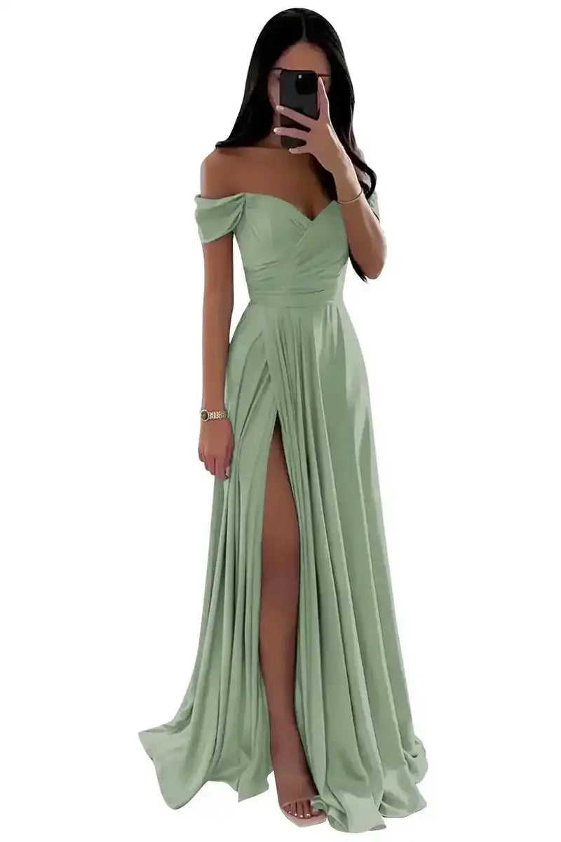 Elegant Women’s Off-the-Shoulder A-Line Evening Gown: Customized Slit Long Pleated Satin Dress
