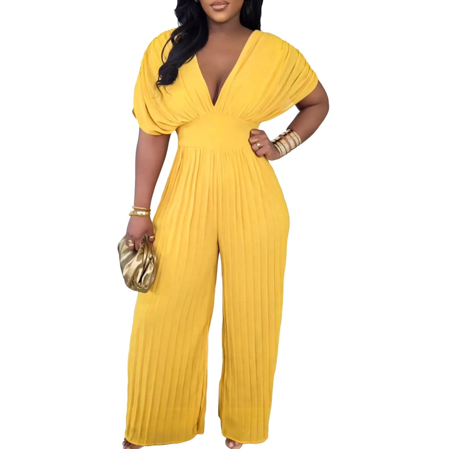 Elegant V-neck Solid Color Fashion Pleated Wide leg Jumpsuit, Pants Romper - Just The Fly Way