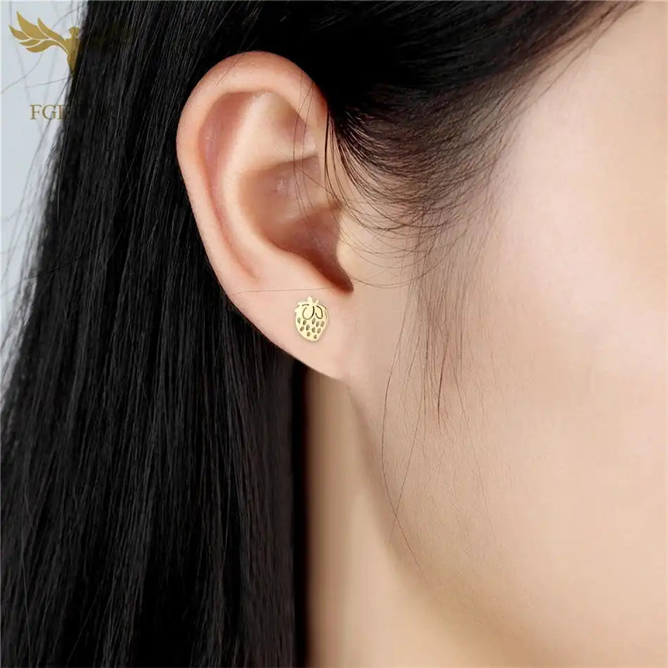 12 Pairs Lot Fruit Earrings Golden Strawberry Design Stud Earring Set Surgical Steel Children Girls Ear Jewelry Accessory Resale - Just The Fly Way