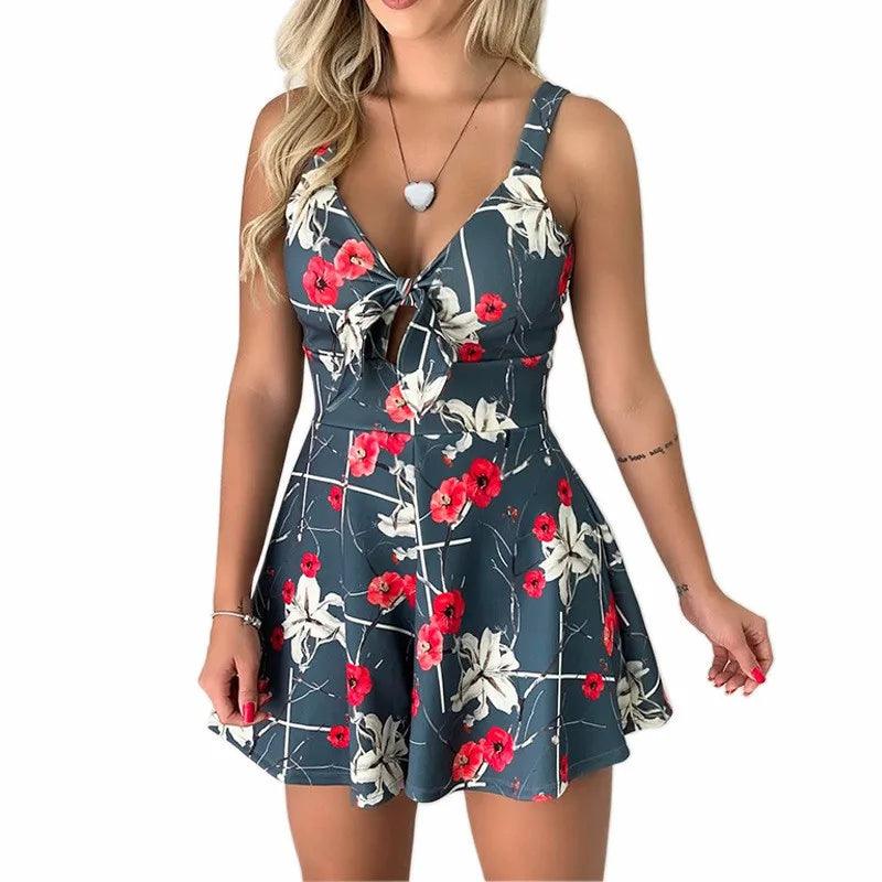 Print V-neck, Sleeveless Shorts Romper: Extended Sizes S-3XL - Just The Fly Way