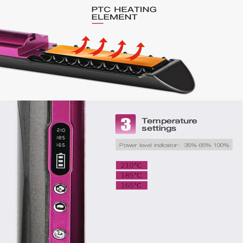 USB Rechargeable Wireless Hair Straightener Curling Iron Styling Tool Tourmaline Ceramic Dry & Wet Use Hair Styler - Just The Fly Way