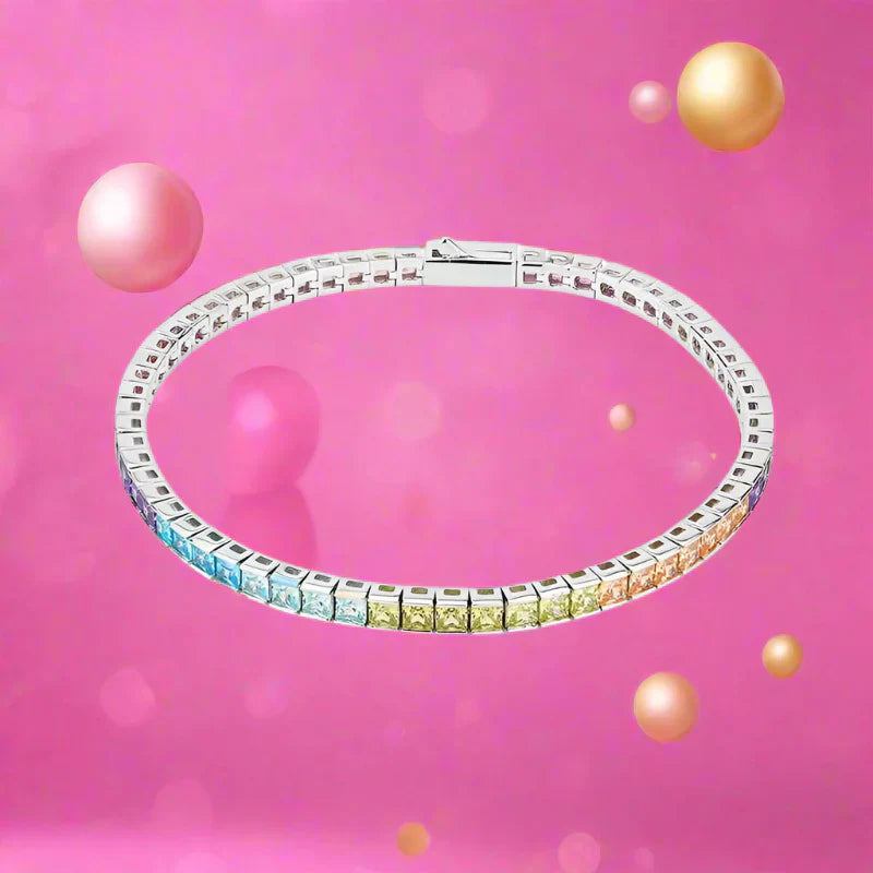 Colorful CZ Tennis Bracelet - Shine Bright with Sterling Silver & Moissanite Charm - Just The Fly Way