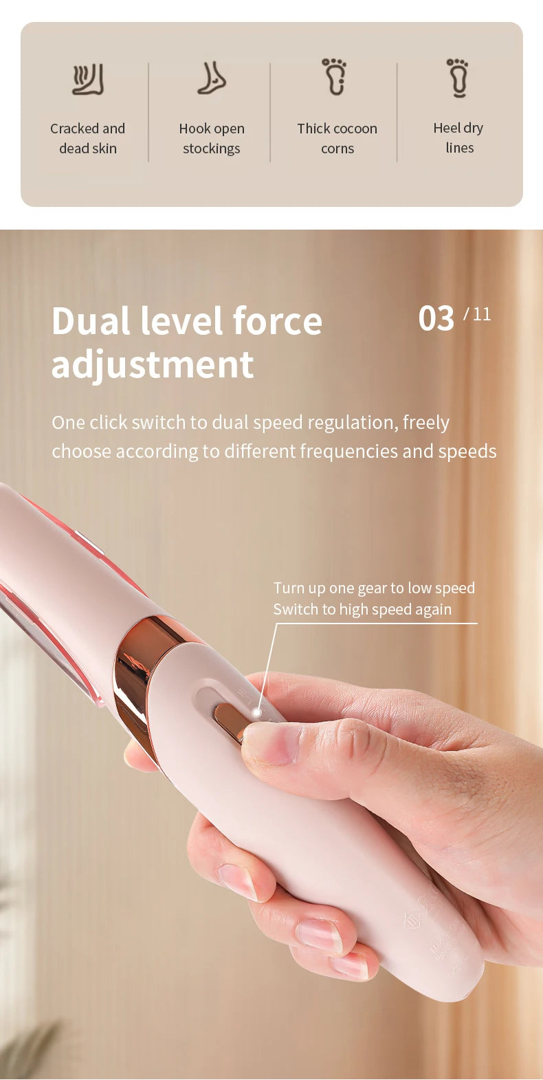 Hand holding a hair straightener with dual-level force adjustment feature, against a neutral background.
