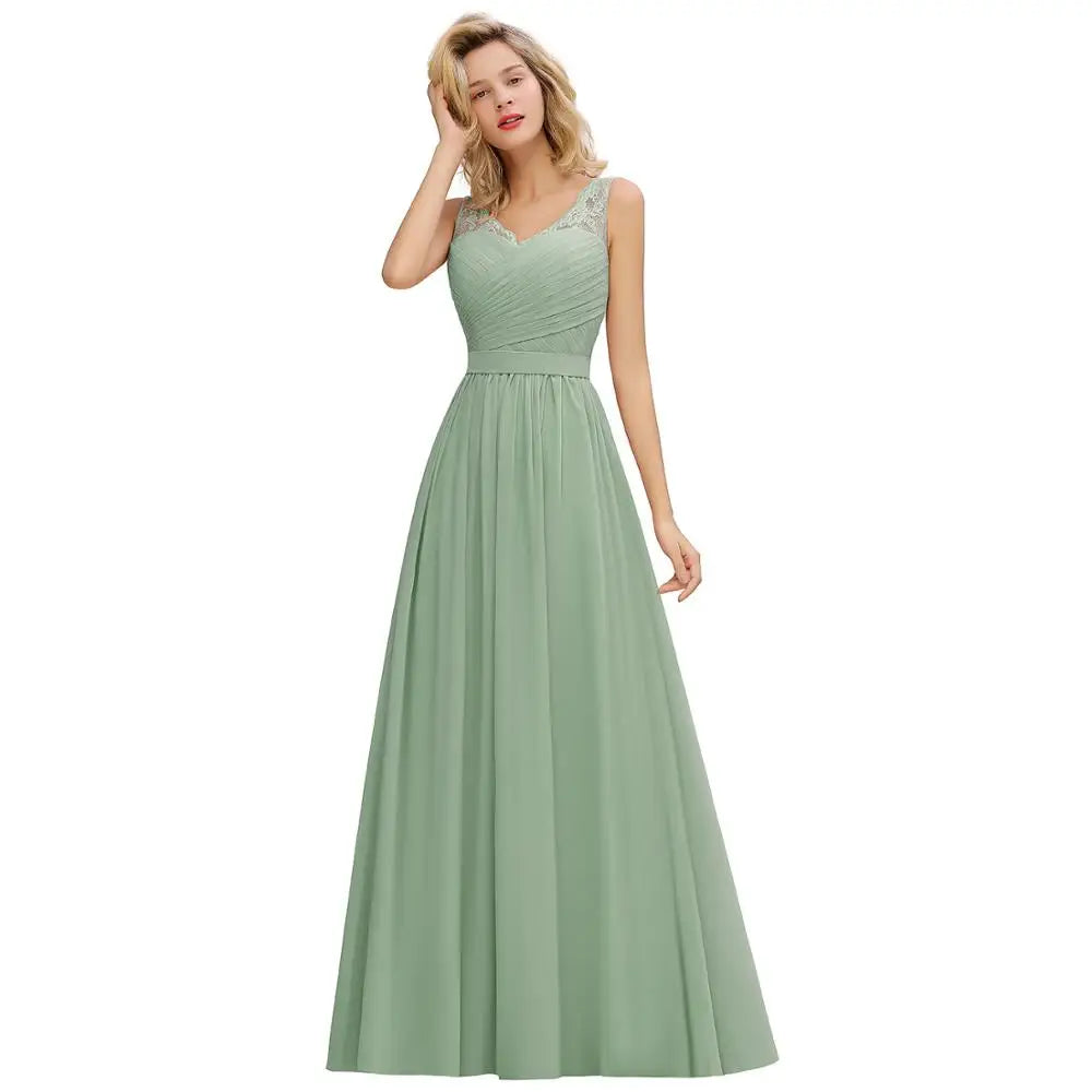 BABYONLINE Elegant Bridesmaid Dress Pleated Bodice See-through Lace Cap Sleeves Maxi Flowy A-Line Skirt Wedding Party Gown Women