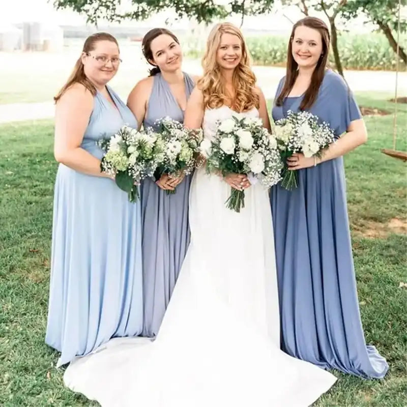 Bridesmaid Dress - Convertible Gown | Floor-Length, Sleeveless in soft blue shades, styled in halter and wrap designs for a summer wedding look.