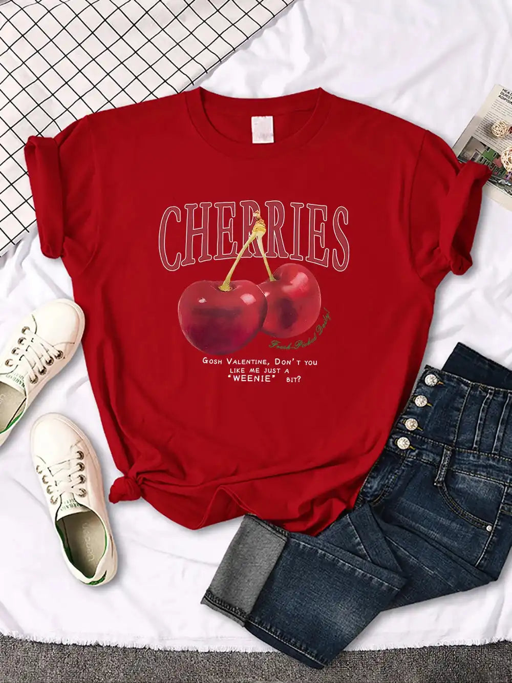 Comfortable Women's Cherry T-Shirt | Trendy Cherry and Letter Pattern Tees - Just The Fly Way