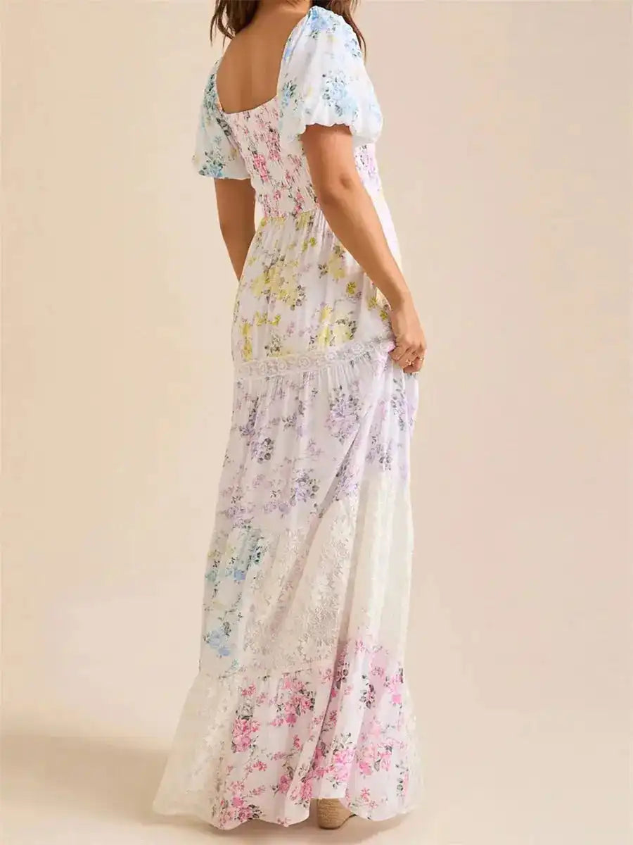 Elegant Floral Print Short Sleeve A-Line Dress with Ruffled Hem for Women Perfect for Cocktail Parties and Streetwear Fashion - Just The Fly Way