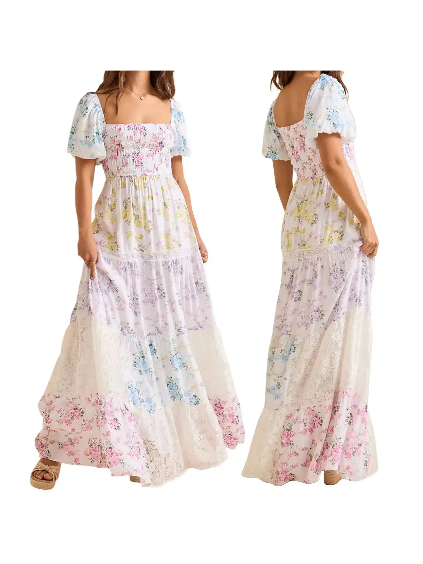 Elegant Floral Print Short Sleeve A-Line Dress with Ruffled Hem for Women Perfect for Cocktail Parties and Streetwear Fashion - Just The Fly Way