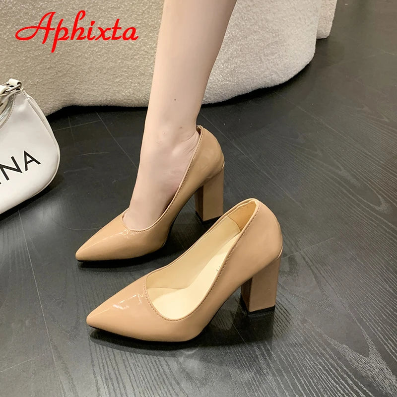 Women's Patent Leather 10cm Square Heel Shoes by Aphixta - Extended Sizes 31-50