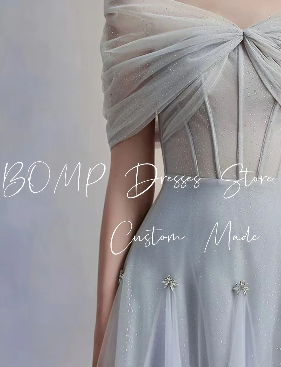 BOMP Elegant Blue Wedding Party Dress Off Shoulder Corset Draped A-Line Floor Length Tulle Special Occasion Evening Gown Custom
