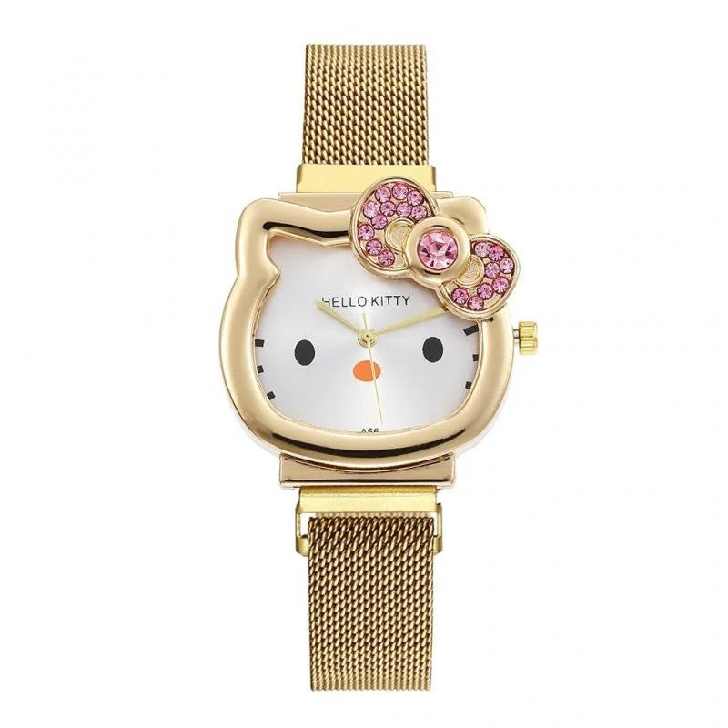 Gold or Silver Metal Ladies Kawaii Pink Hello Kitty Rhinestone Watch