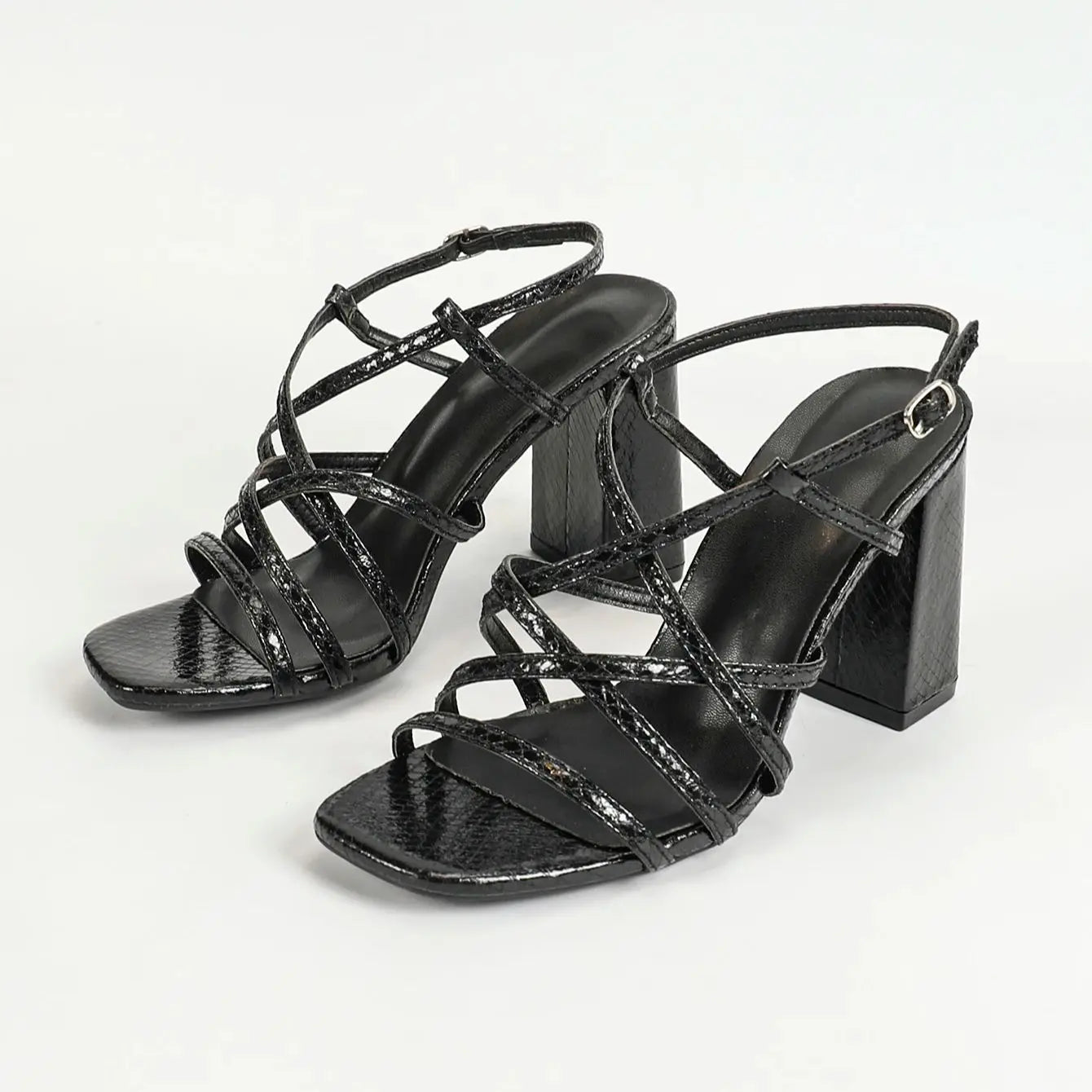 women Block Heels Square Toe Chunky Ankle Buckle Pump Heeled Sandals - Just The Fly Way