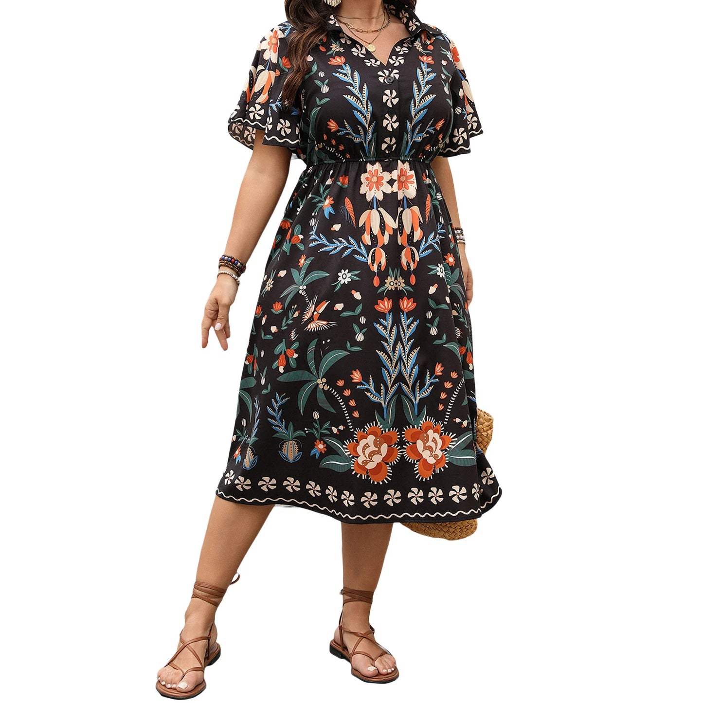 Women Plus Size V-Neck Maxi Dress Elegant Floral Print Short Sleeve Bohemian Party Dress for Summer Beach Wedding Guest - Just The Fly Way