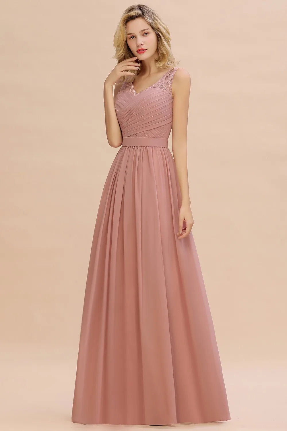 BABYONLINE Elegant Bridesmaid Dress Pleated Bodice See-through Lace Cap Sleeves Maxi Flowy A-Line Skirt Wedding Party Gown Women