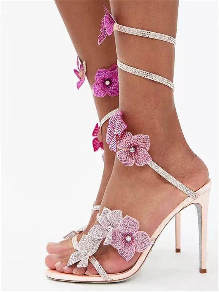 Be BOLD in the Gorgeous CRYSTAL Flower, Ankle Strap Sandals, High Heels - Just The Fly Way