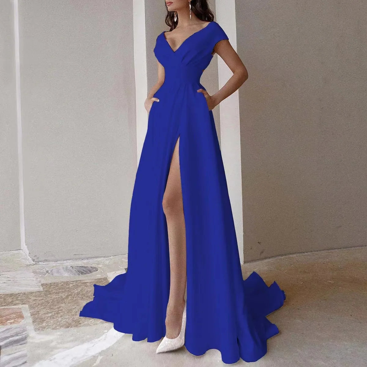 Off Shoulder Solid Women Dress Sleeveless Backless Split Lady Dresses 2024 Fashion Wave Cut Evening Party Female Maxi Vestidos
