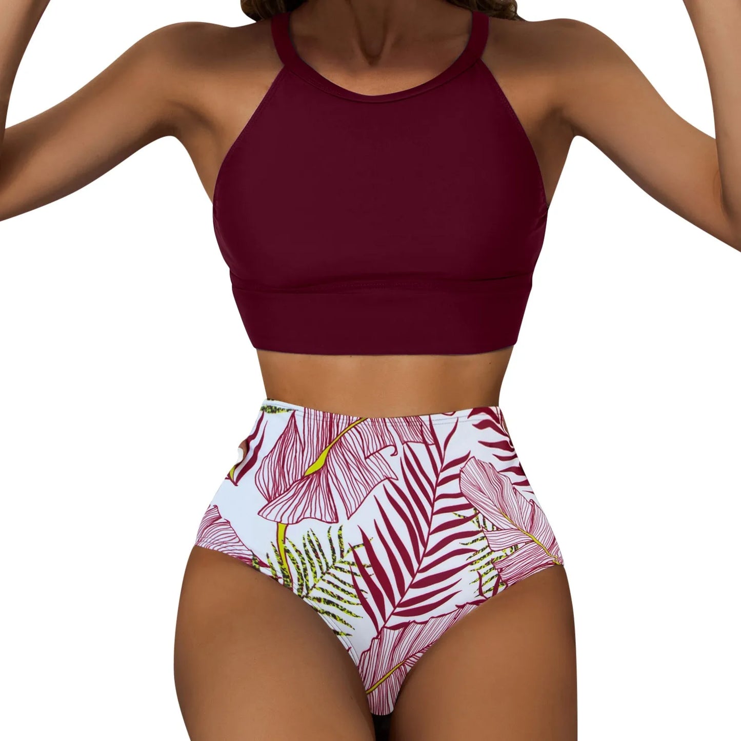 Fashionable, Bold and Beautiful DressWomen'S Tropical Printed Sexy Split Swimsuit Sports Tight Fitting High Waist Bikini Set High Elastic Swimwear Women'S Swimsuit
