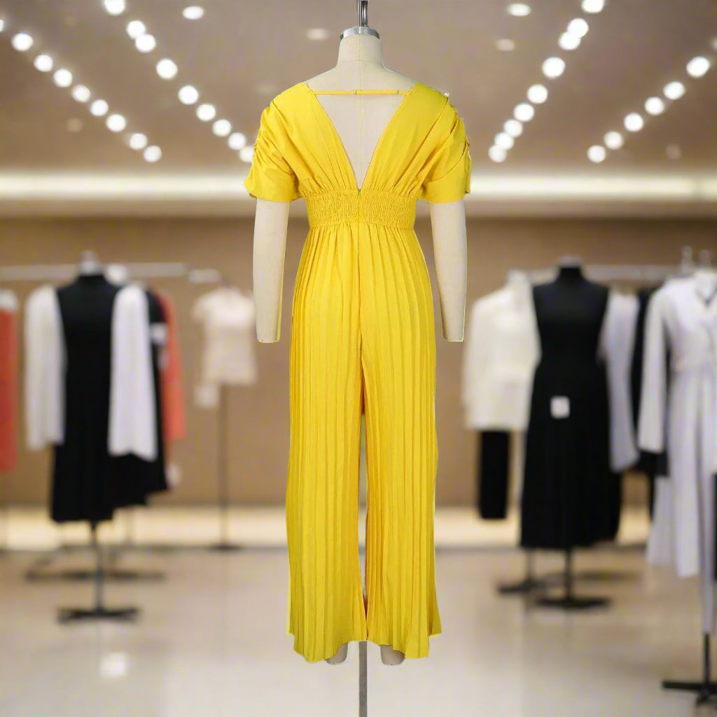 Elegant V-neck Solid Color Fashion Pleated Wide leg Jumpsuit, Pants Romper - Just The Fly Way