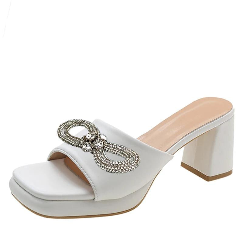 Women's Slide Shoes With Chunky Heels And Peep Toe Design - Just The Fly Way
