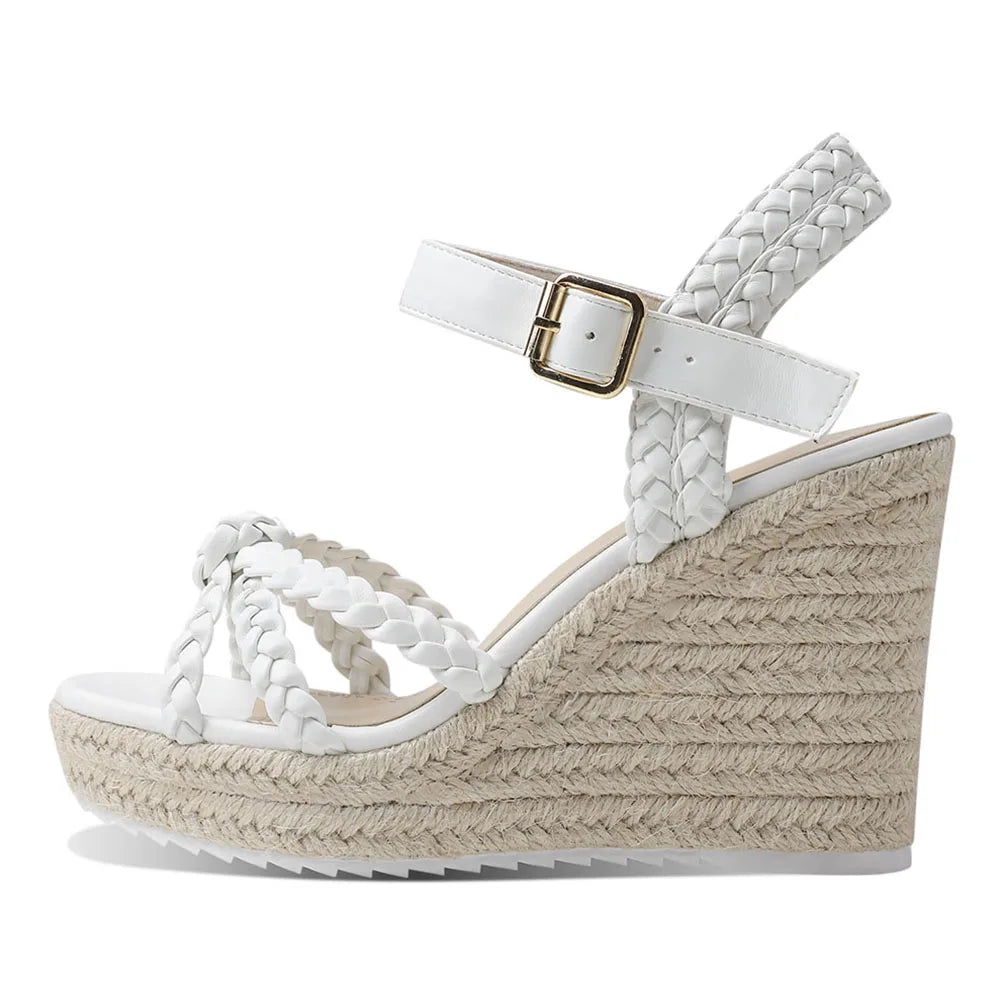 GIGIFOX Straw Woven High Wedges Heel Waterproof Platform Women High-heeled Sandals Round Toe ThicK Buckle Strap Bohemia Shoes - Just The Fly Way