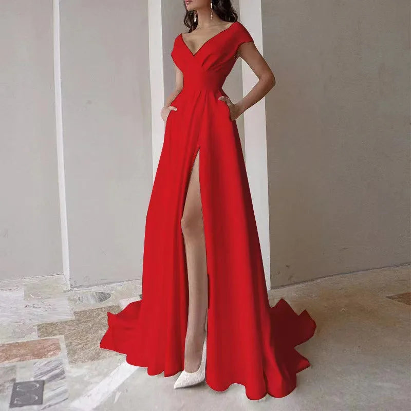 Off Shoulder Solid Women Dress Sleeveless Backless Split Lady Dresses 2024 Fashion Wave Cut Evening Party Female Maxi Vestidos