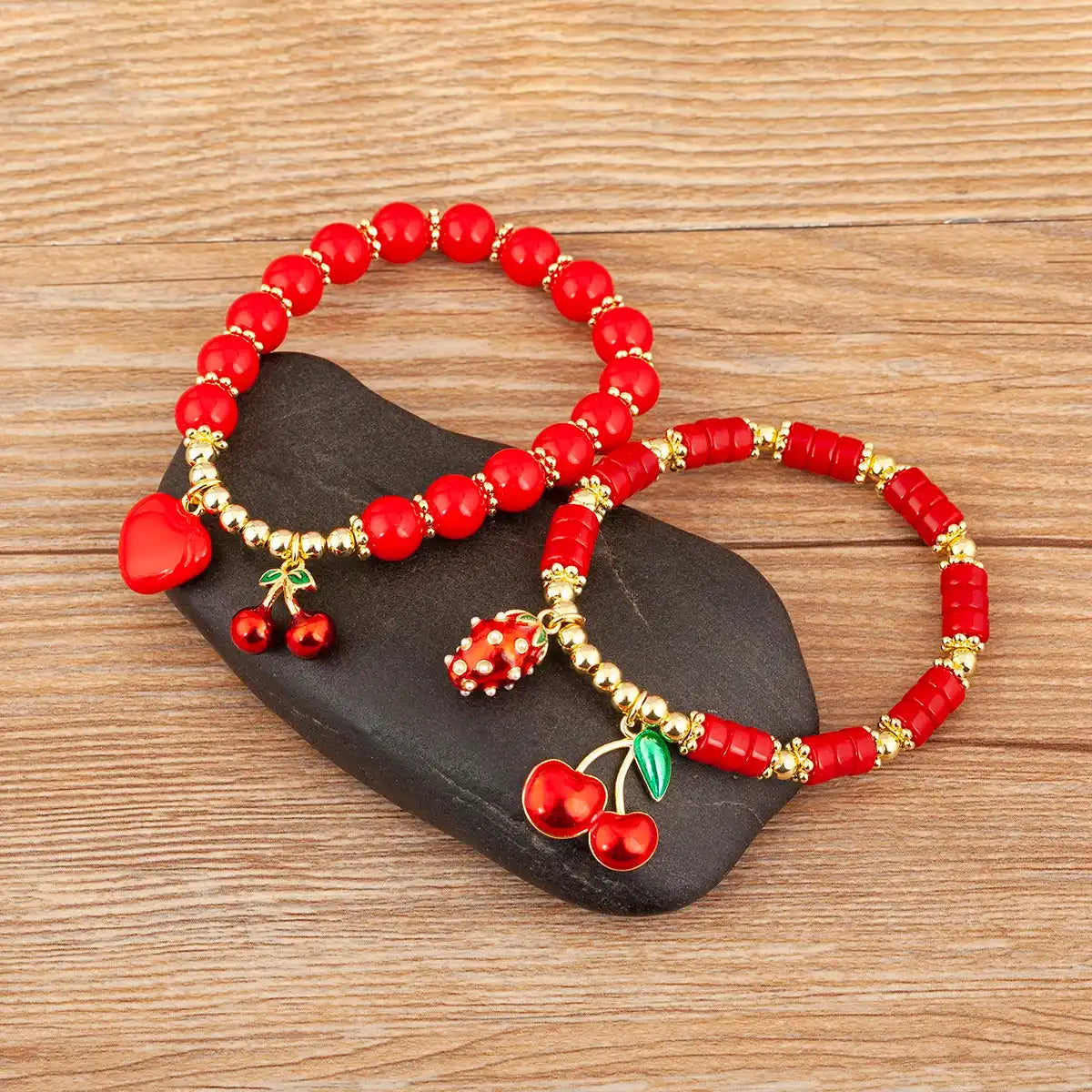 Cherry and Heart Red Beaded Chain Bracelet in 3 Fashion Styles – Trendy Jewelry - Just The Fly Way
