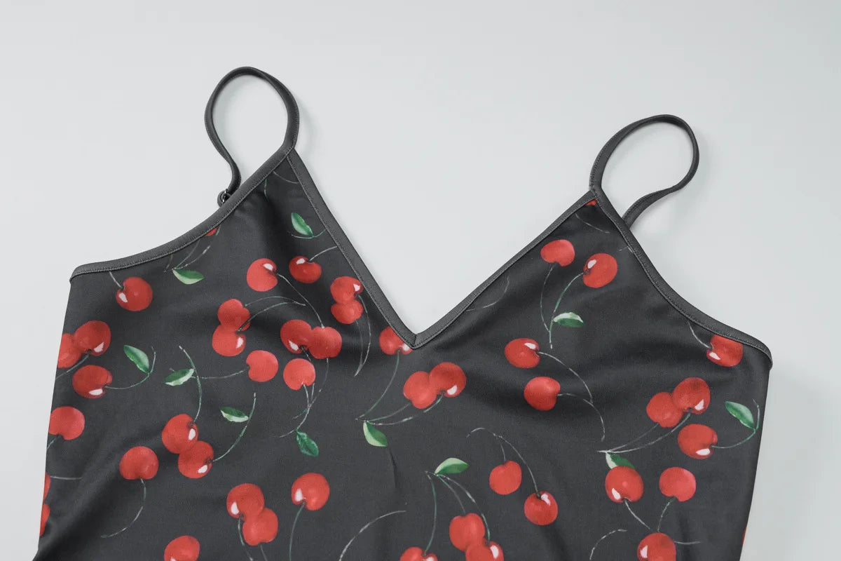 Women's Printed Black Cherry Spaghetti Strap Dress - Just The Fly Way