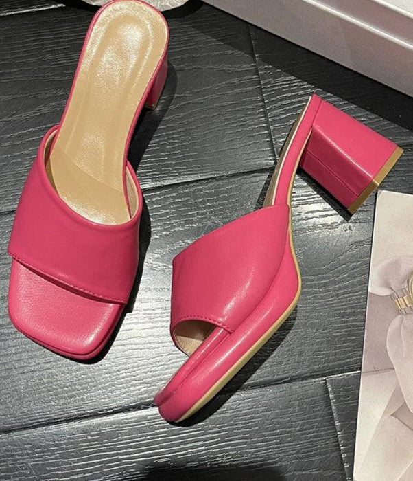 Women's Slide Shoes With Chunky Heels And Peep Toe Design - Just The Fly Way