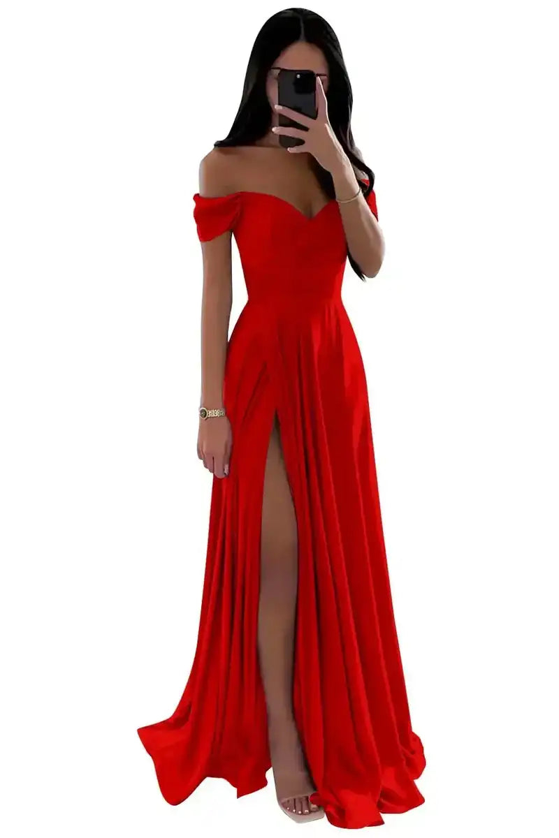 Elegant Women’s Off-the-Shoulder A-Line Evening Gown: Customized Slit Long Pleated Satin Dress