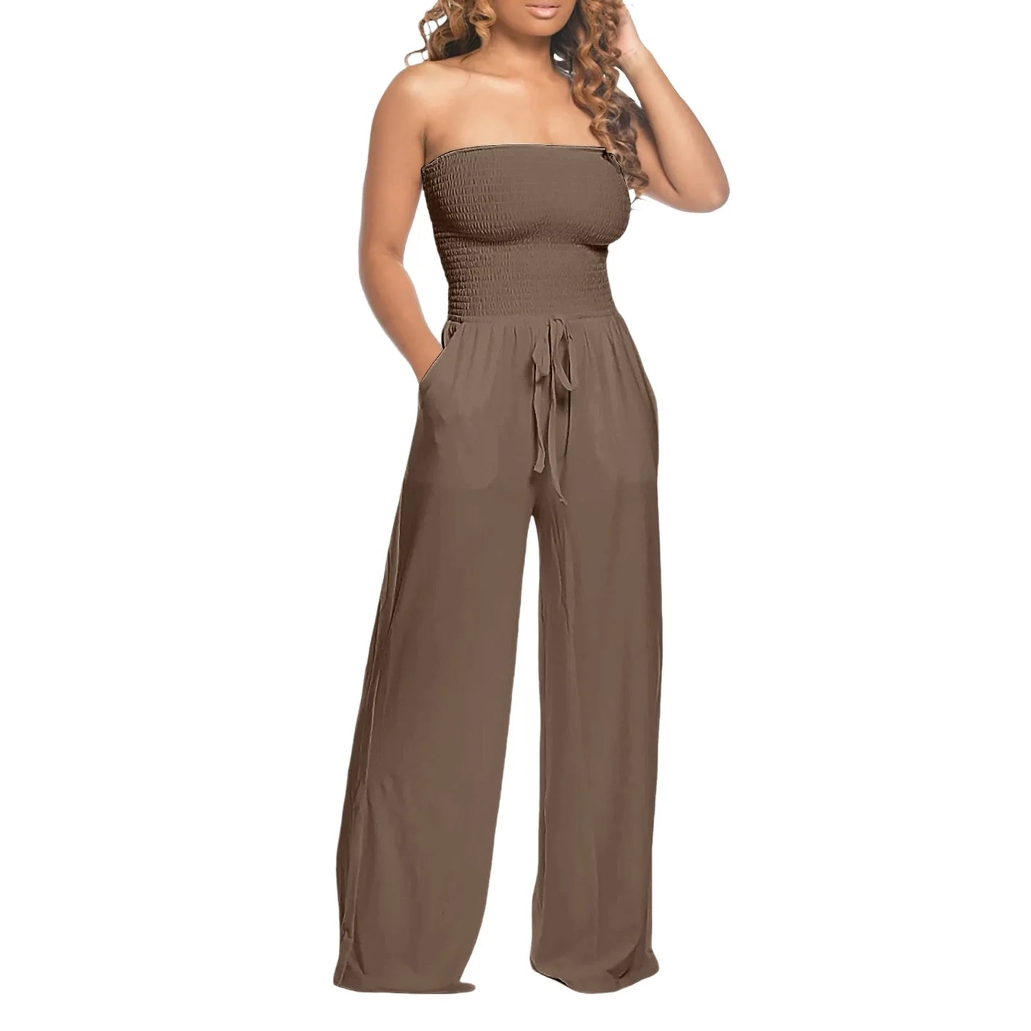 Elegant Soft Lace Jumpsuits Glitter Romper Women Solid Ruffle Lace Sleeveless Lace Up Jumpsuit Medium Length Straight Trousers - Just The Fly Way