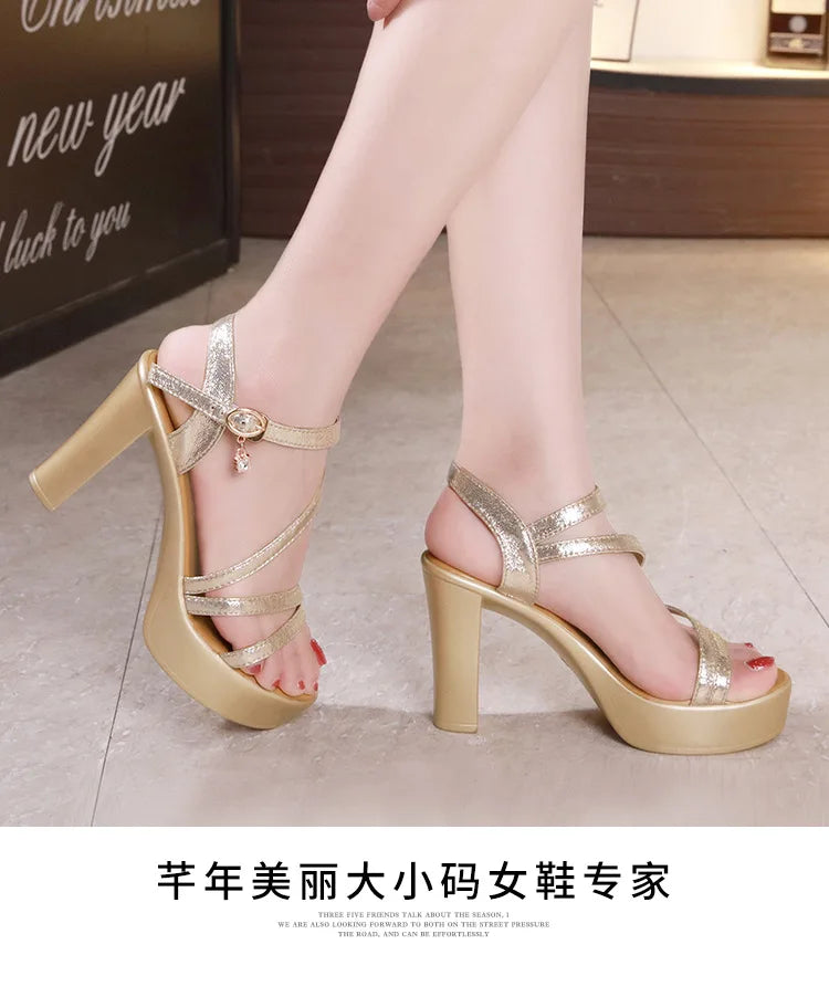 Fashionable, Bold and Beautiful Dress8cm 10cm Small Size 32-43 Elegant Soft Leather Sandals Platform Shoes 2025 Bandage Block High Heels Gladiator Sandals Model