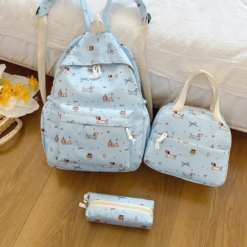 3Pc Cute Large Capacity Nylon Handbag, Backpack & Pencil Case Set with Adjustable Straps
