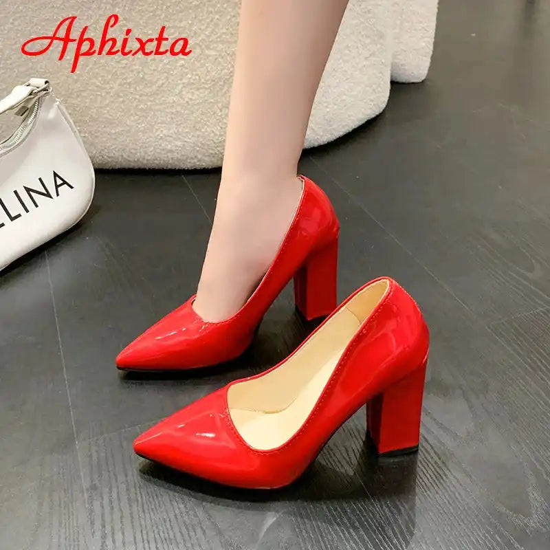Women's Patent Leather 10cm Square Heel Shoes by Aphixta - Extended Sizes 31-50