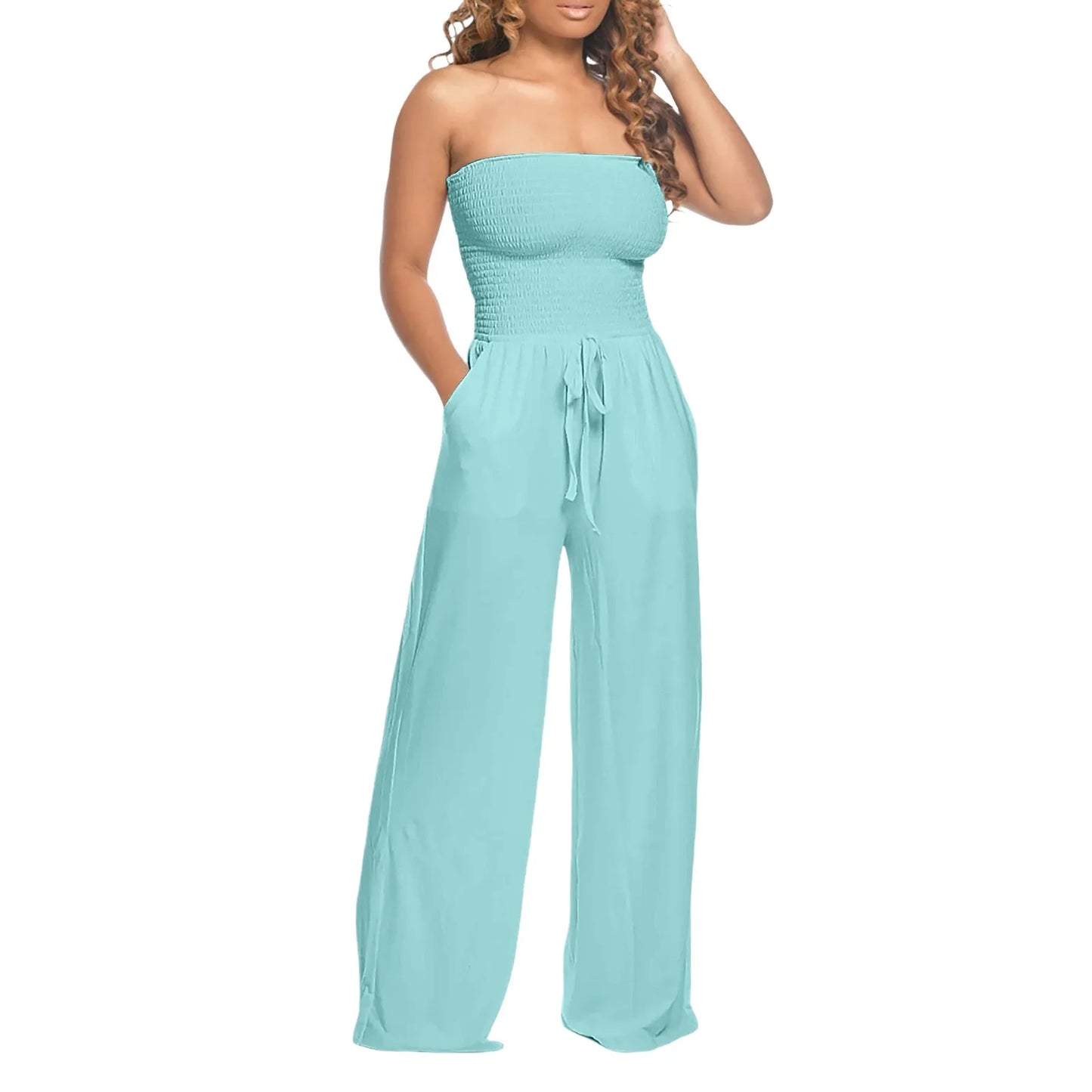 Elegant Soft Lace Jumpsuits Glitter Romper Women Solid Ruffle Lace Sleeveless Lace Up Jumpsuit Medium Length Straight Trousers - Just The Fly Way